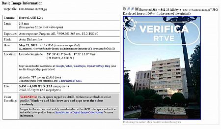 Herramienta Jeffrey's Image Metadata Viewer para la verificación de fotografías.