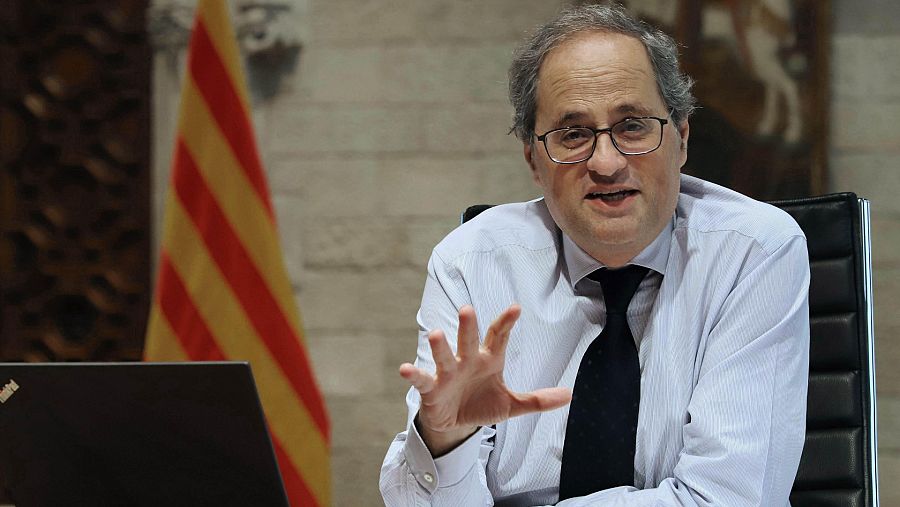 El presidente de la Generalitat, Quim Torra, durante la videoconferencia entre Pedro Sánchez y los presidentes autonómicos.