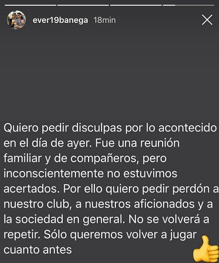 Imagen: Texto de Éver Banega en Instagram pidiendo perdón