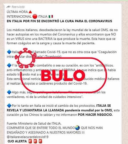 Captura del mensaje de whatsapp con el bulo en el que se habla de la cura del covid-19 en Italia.