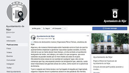 Captura de la carta publicada en Facebook por la alcaldesa de Níjar alertando sobre los bulos y las mentiras