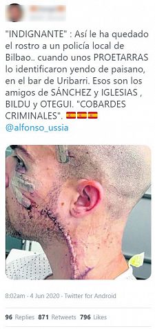 Captura de un tuit en el que se asocia la foto de la víctima con una agresión política.