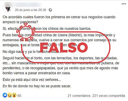 Texto completo con la información falsa sobre el cierre de los negocios chinos en el madrileño barrio de Usera y la palabra FALSO.