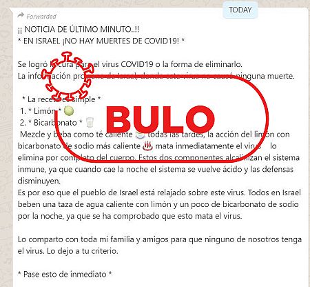Captura del bulo compartido a través de whatsapp con información falsa sobre la cura del coronavirus.