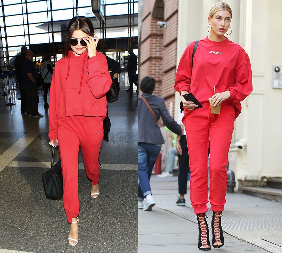 Selena Gómez y Hailey Baldwin, ropa deportiva de color rojo con sandalias de tacón