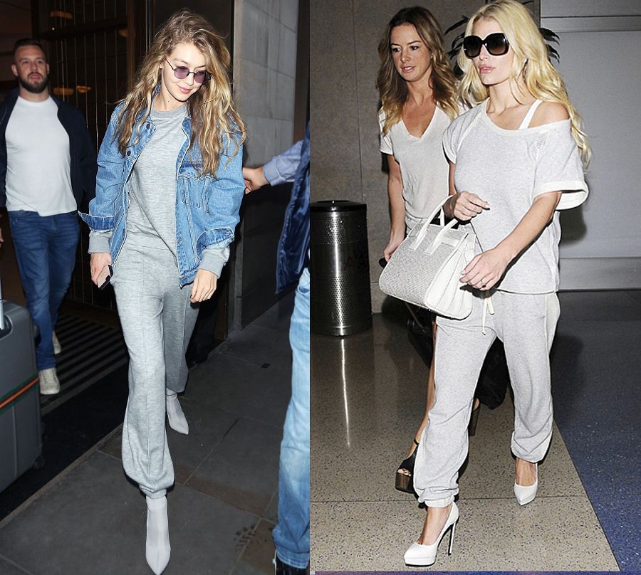 Gigi Hadid (izquierda) y Jessica Simpson (derecha). Las famosas eligen el chándal con zapato alto cuando viajan en avión, para ir y venir del aeropuerto.