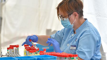 Una enfermera revisa las muestras de de los tests de coronavirus realizados en la localidad de Ordizia (País Vasco).