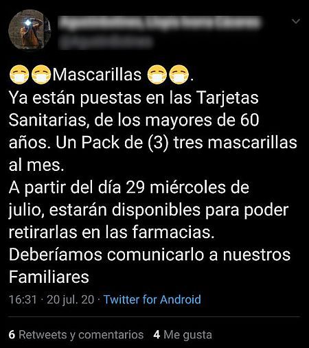 Captura del tuit con el bulo sobre el reparto gratuito de tres mascarillas al mes.