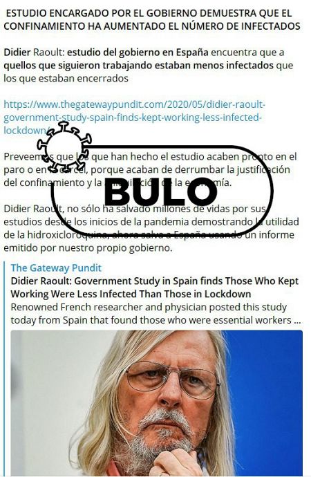 Captura del mensaje difundido en Telegram con el bulo que relaciona el confinamiento con el aumento de contagios.