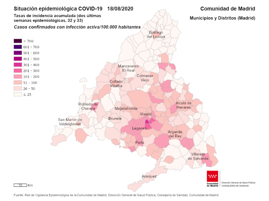 Tasa de incidencia acumulada: casos confirmados con infección activa / 100.000 habitantes.