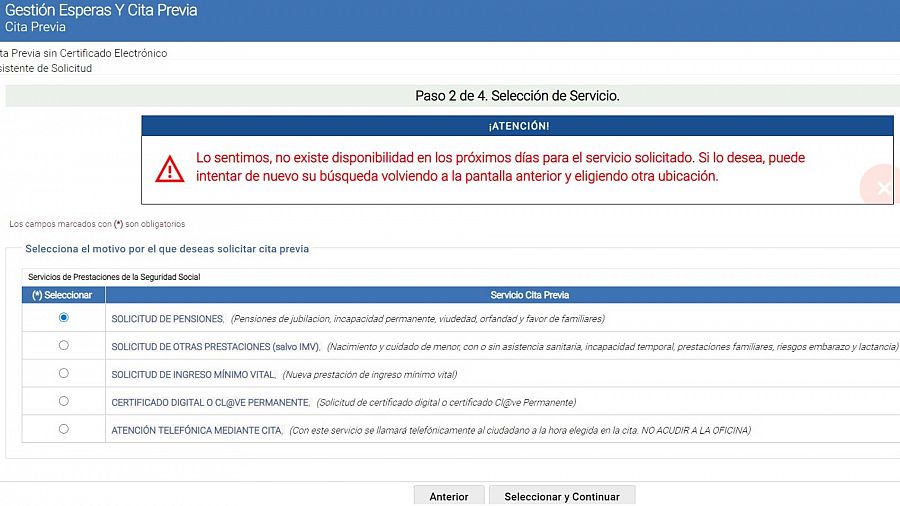 Mensaje que aparece en la página web de la Seguridad Social al tratar de pedir cita en 24 provincias españolas