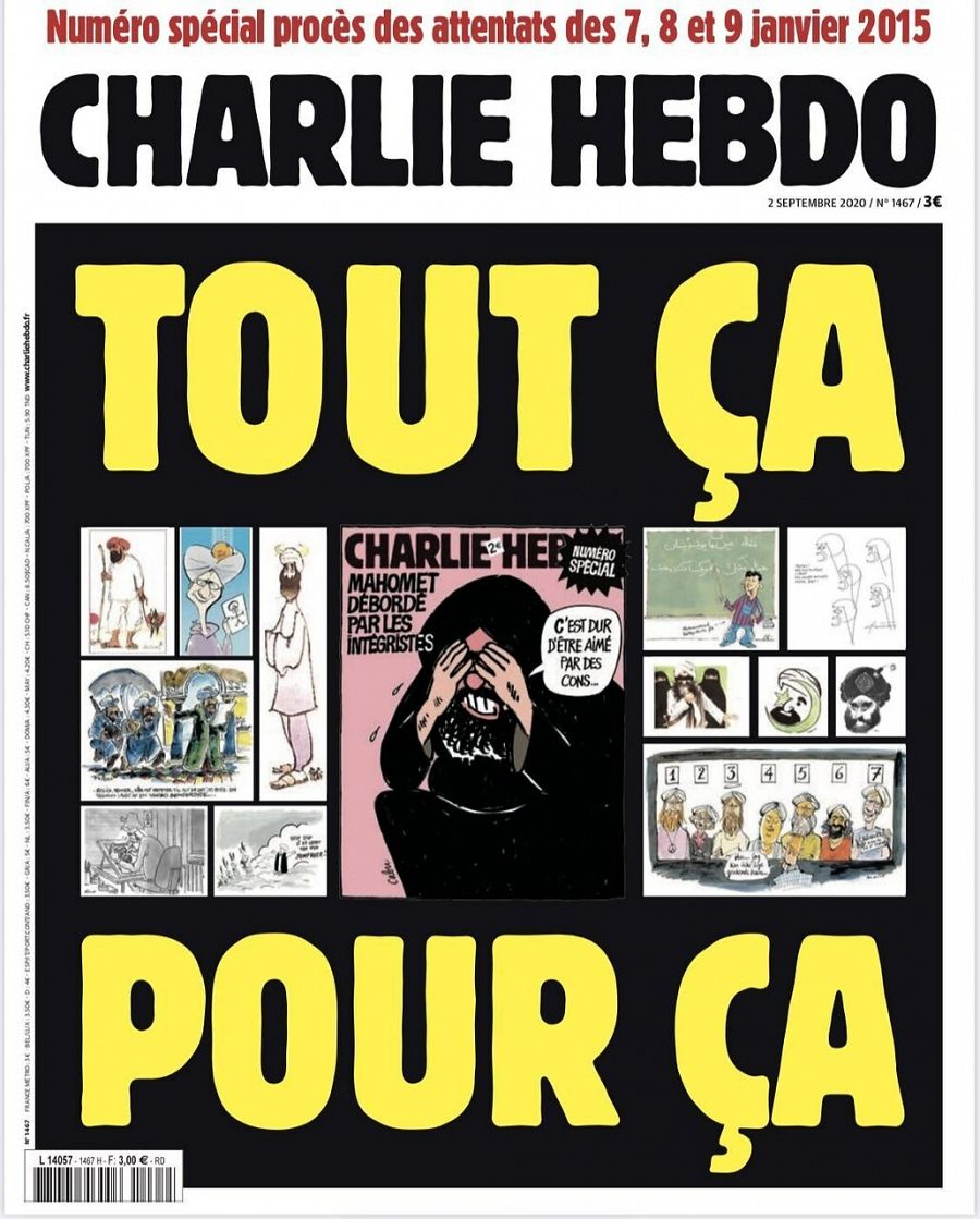 Vista de la portada de Charlie Hebdo publicada este miércoles en la que recuperan las famosas caricaturas de Mahoma por las que se convirtieron en blanco de yihadistas.