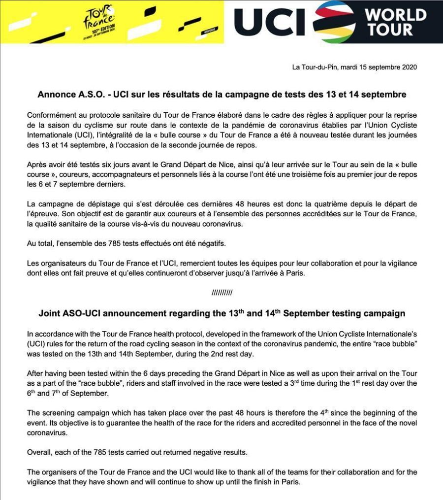 Comunicado de la UCi en el que se confirma que no hay positivos por Covid-19 en el Tour de Francia tras la segunda jornada de descanso.
