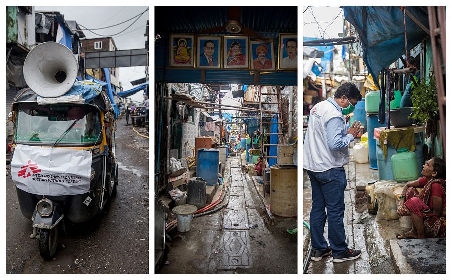 Acceso a los suburbios de Govandi este en la zona oriental de Bombay. Santosh Choure, responsable de Promoción de la Salud de MSF conversa con los residentes de los suburbios durante las actividades de higiene y saneamiento realizadas por MSF.