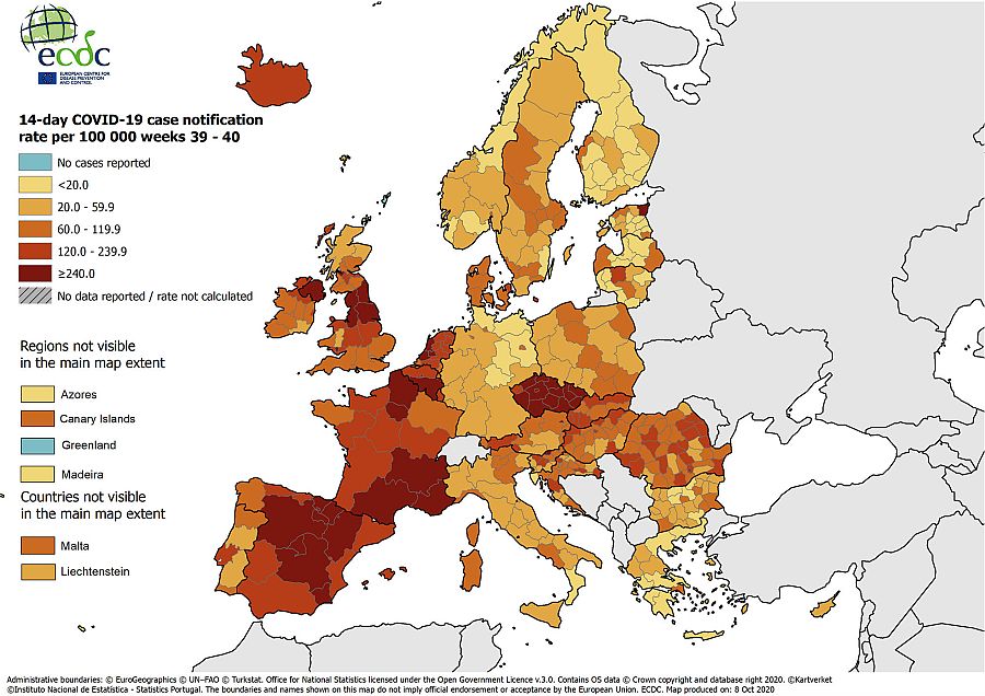 Mapa del ECDC con la incidencia de las últimas dos semanas