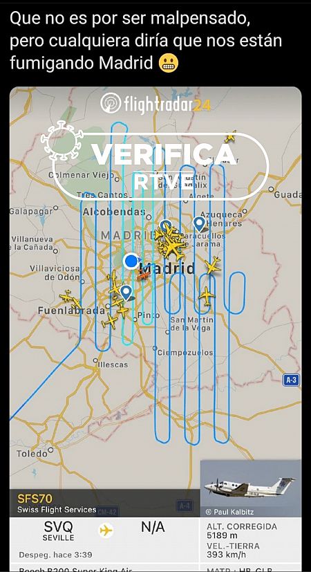 Mensaje compartido por los conspiracionistas en el que se aprecia el plan de vuelo de un avión tomando fotografías para cartografiar Madrid.