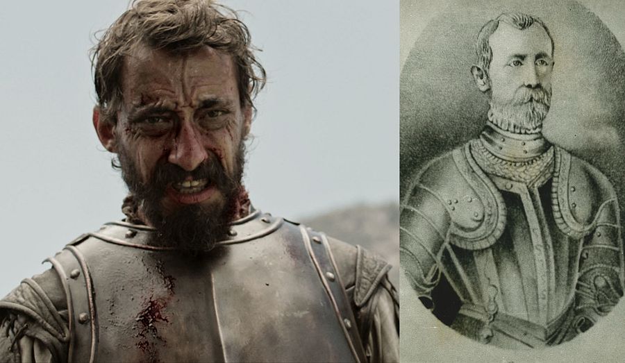 Ismael Martínez interpreta a Francisco de Aguirre. Retrato de autor desconocido realizado en el siglo XVIII.