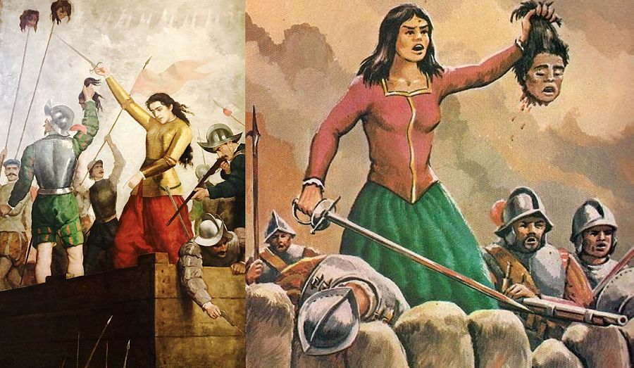 Representaciones del papel de Inés Suárez en la defensa de Santiago de Chile (José Mercedes Ortega, 1897; desonocido)