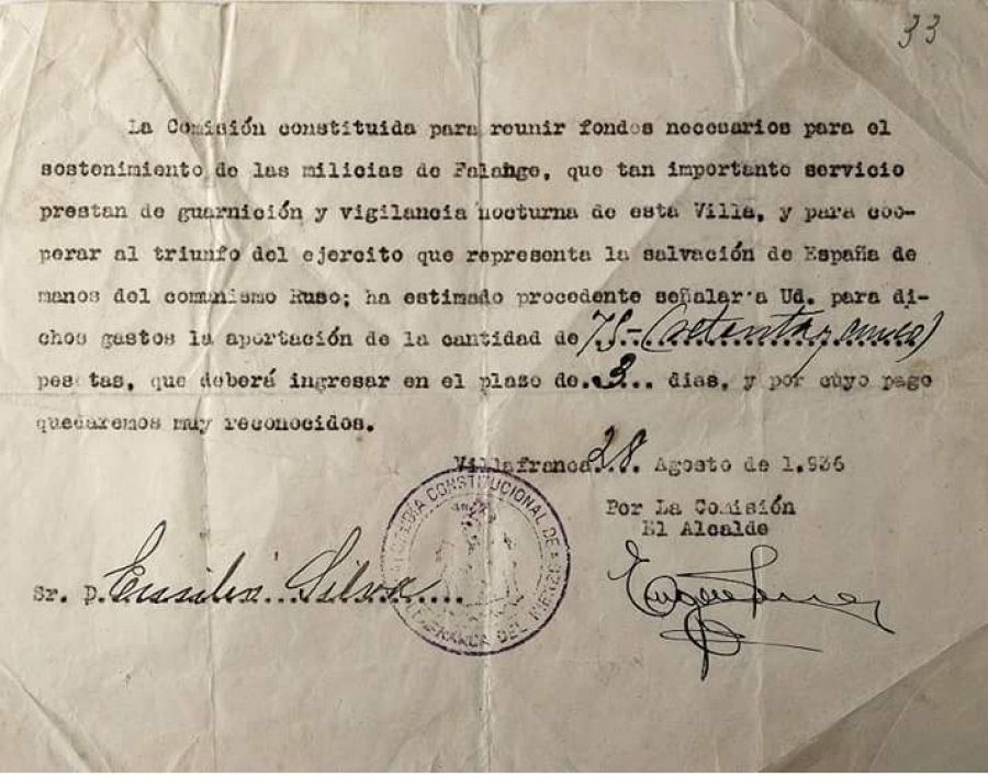 Requerimiento conminatorio de Falange a Emilio Silva para que ayude al sostenimiento de sus milicias.