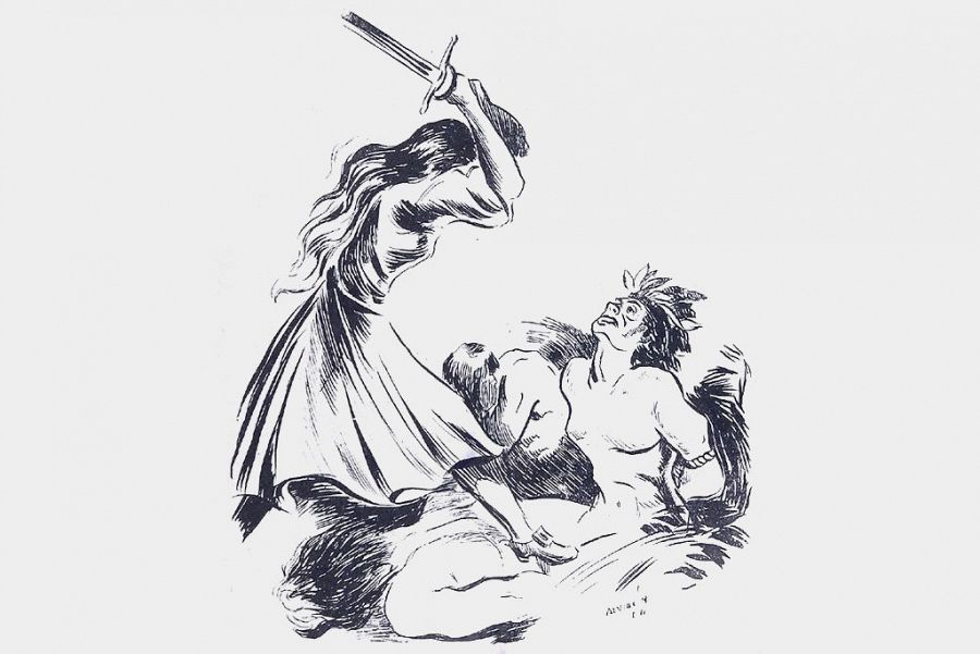 Ilustraci Ilustración de Inés Suárez dando muerte a los caciques