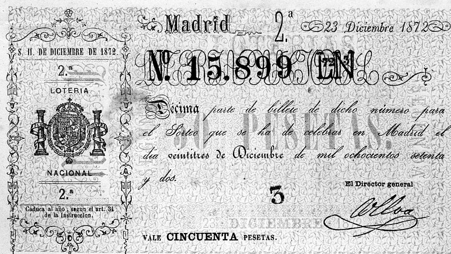 Décimo de Loteria Nacional del año 1872, correspondiente al sorteo de Navidad.
