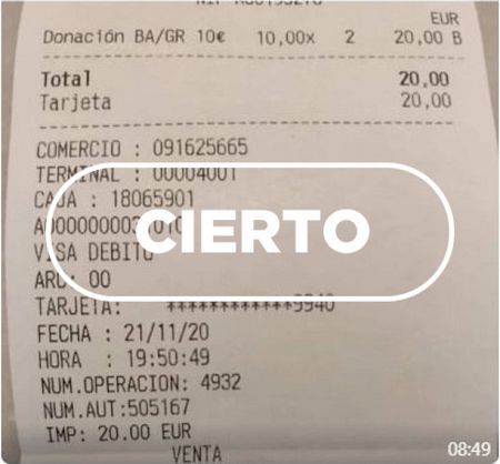 Tique de la donación en metálico con la aplicación del IVA