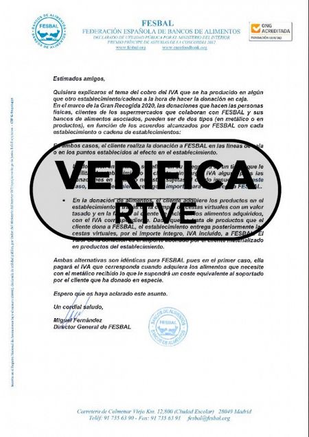 Carta sobre el IVA del presidente de la Federación Española de Bancos de Alimentos.