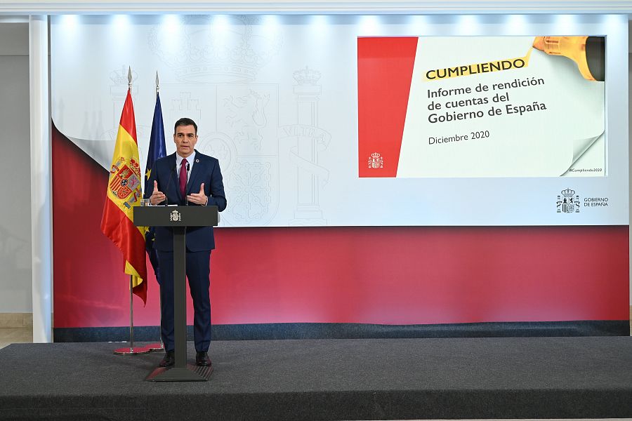 El president del govern espanyol, Pedro Sánchez, en la presentació de l'informe del compliment dels compromisos de l'executiu.