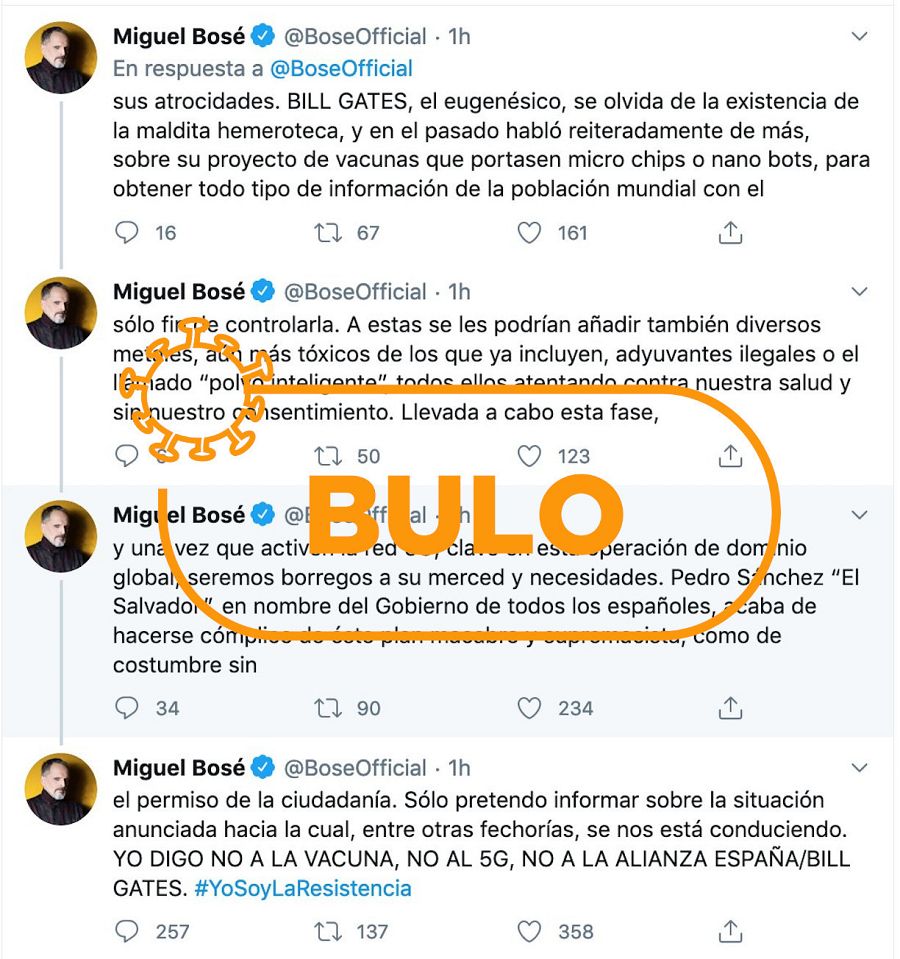 Hilo de Miguel Bosé con falsedades sobre la pandemia.