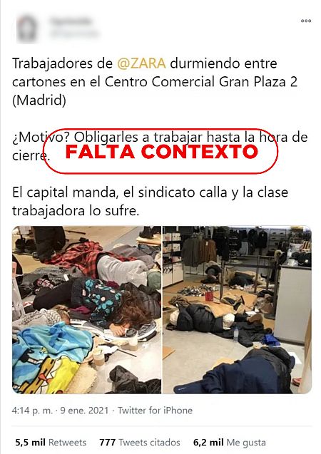 Tuit con los trabajadores de Zara durmiendo sobre cartones