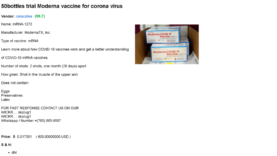Anuncio de la venta de la vacuna de Moderna extraído de la deepweb
