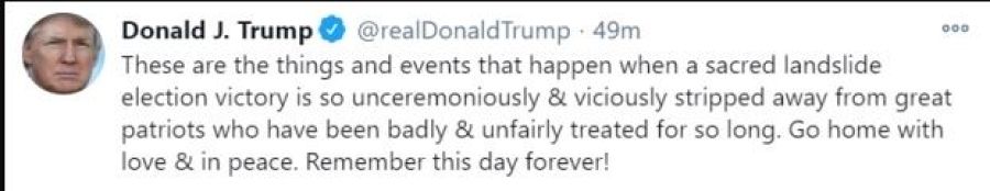 Tuit de Trump durante el asalto al Capitolio, retirado posteriormente por Twitter