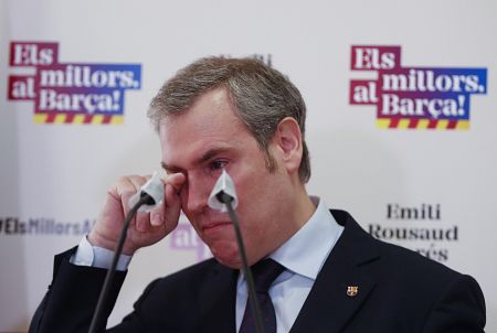 El precandidato a la presidencia del FC Barcelona Emili Rousaud durante la rueda de prensa que ha ofrecido este jueves donde anunció su renuncia a la carrera electoral a la presidencia del FC Barcelona