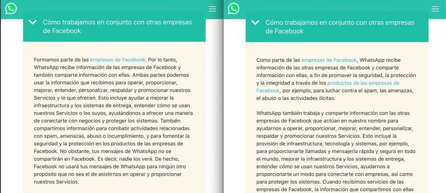 Políticas de privacidad de WhatsApp: a la izquierda la política en vigor (2018), a la derecha la actualización (2021).