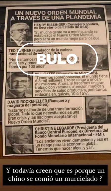 Periódico antiguo con las cinco frases de personalidades sobre el COVID-19 que son bulos y el sello de VerificaRTVE señalándolo.