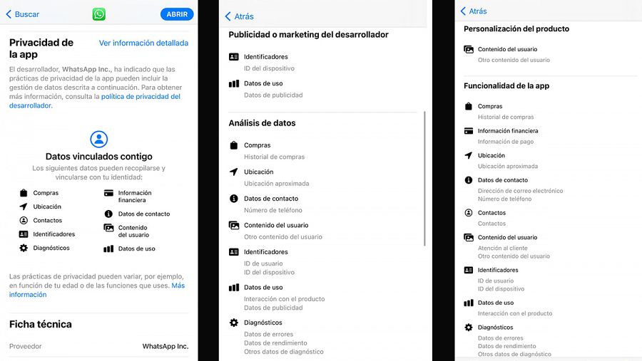 Capturas de pantalla de la etiqueta de privacidad de WhatsApp.