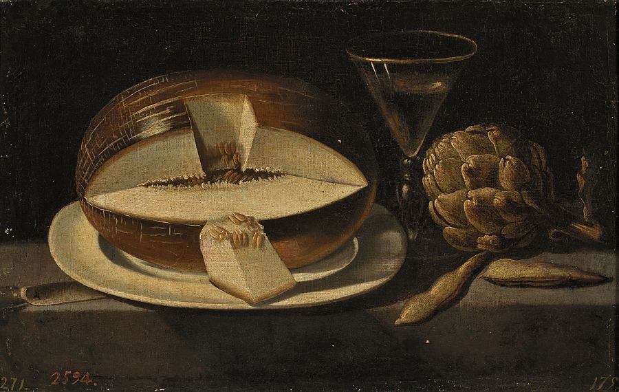Bodegón con melón, alcachofas y copa de cristal