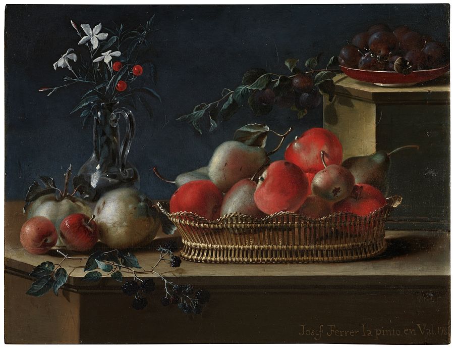 Bodegón de frutas y florero de cristal