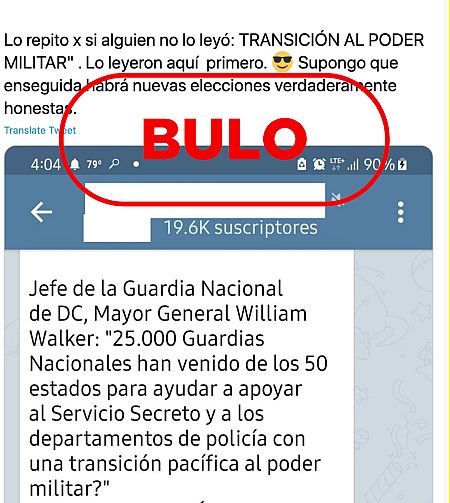 Captura del mensaje de Twitter que reproduce otro de Telegram con el bulo de la transición al poder militar y el sello de VerificaRTVE.