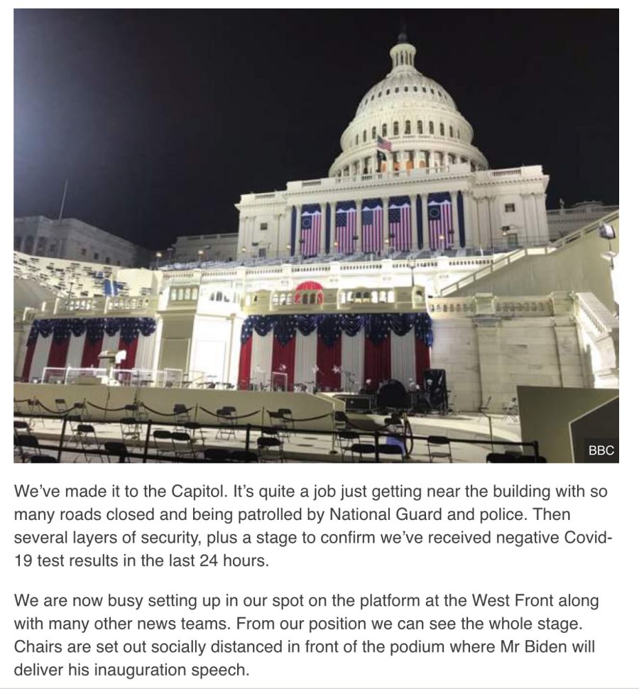 Captura del mensaje publicado por el reportero de la BBC Ron Brown con una imagen de la toma de posesión.