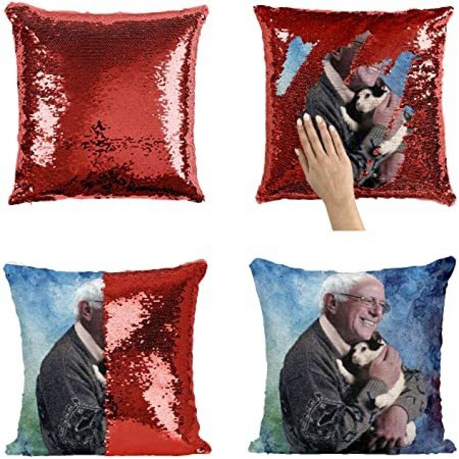 Cojín de lentejuelas reversibles de Bernie Sanders con un gato