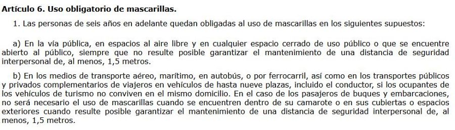 Captura del artículo seis del Real Decreto Ley 21/2020 sobre el uso obligatorio de la mascarilla.