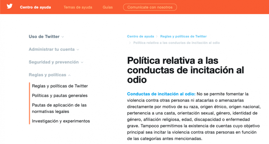 Captura de pantalla donde se explican las políticas de Twitter con respecto al discurso de odio