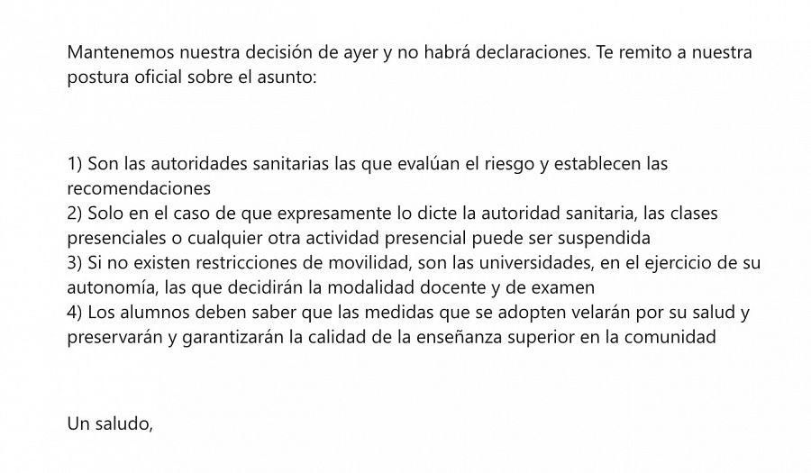 captura del email enviado por el servicio de prensa de la Consejería a VerificaRTVE