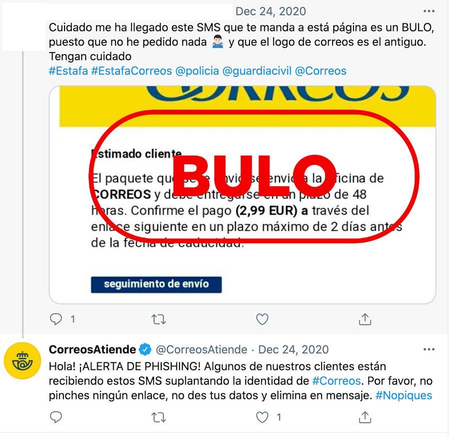Correos Atiende alerta del bulo que reclama el pago de 2,99 euros y el sello de VerificaRTVE con la palabra bulo.