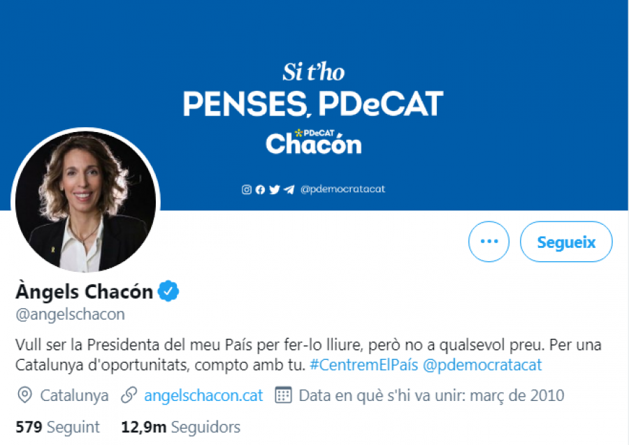 Perfil de Twitter d'Àngels Chacón a 11/02/2021