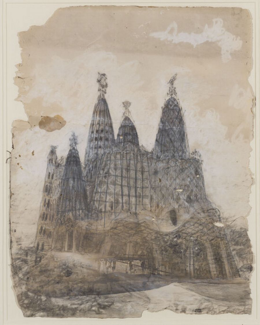 Vista exterior de l'església de la Colònia Güell, en un dibuix d'Antoni Gaudí.