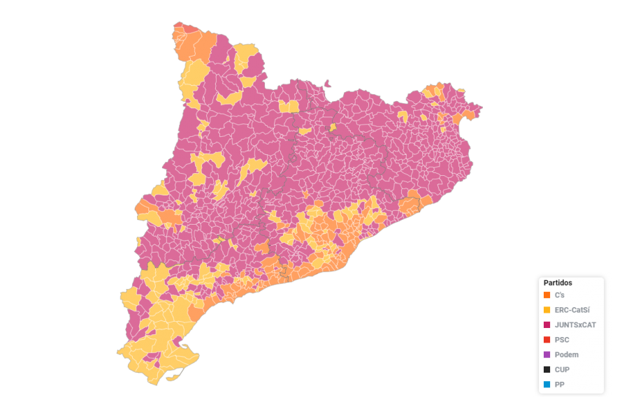 Partido más votado en cada municipio en las elecciones catalanas de 2017