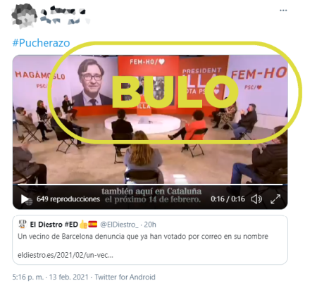 Captura de pantalla del primer tuit que relaciona pucherazo con la noticia del error en el voto por correo