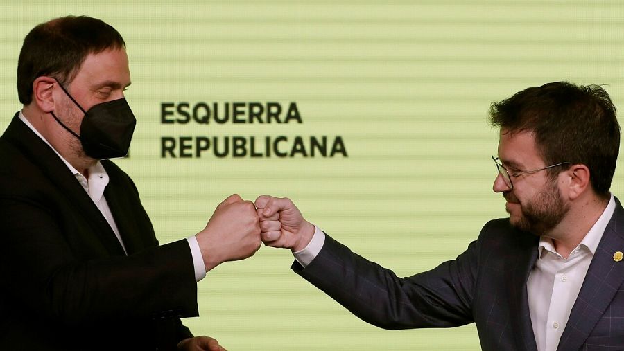 El presidente de ERC, Oriol Junqueras, y el candidato del partido a la Generalitat, Pere Aragonès